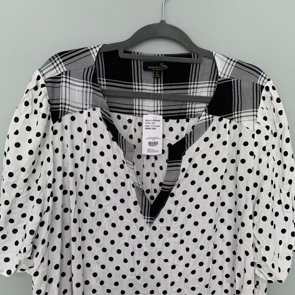 NEW Suzanne Betro retro black white mixed pring collared short sleeve blouse top - Picture 3 of 10
